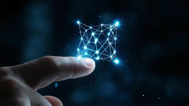 A close-up of a fingertip touching a glowing 3d wireframe cube made of blue connected nodes and lines against a dark starry background