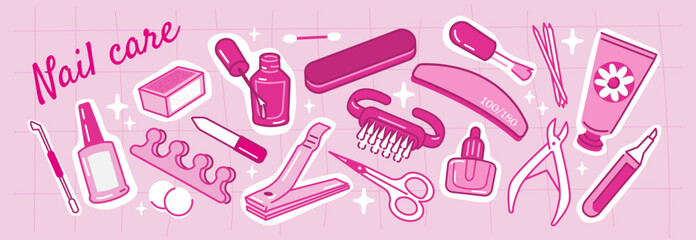 Naklejka na ściany i meble Nail care tools and beauty products set. Nail polish bottles, clipper, cuticle nippers, scissors. Manicure and pedicure salon supplies collection. Vector doodle illustration. 