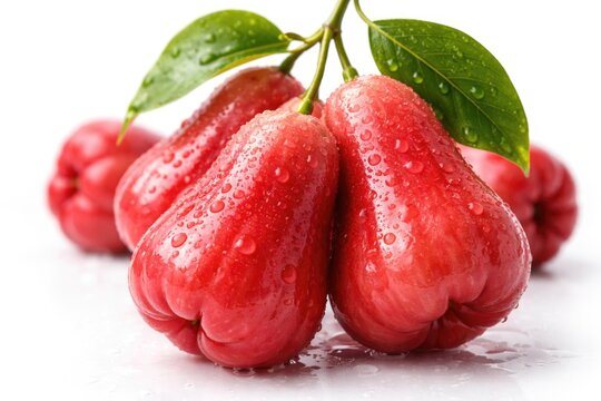 Ripe jambu air showcasing vivid colors and moisture drops on a stark white background
