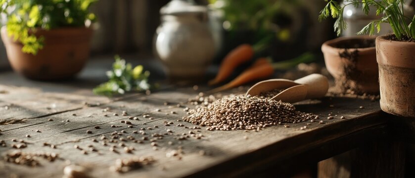 Brown seeds in wooden scoop on rustic table garden setting