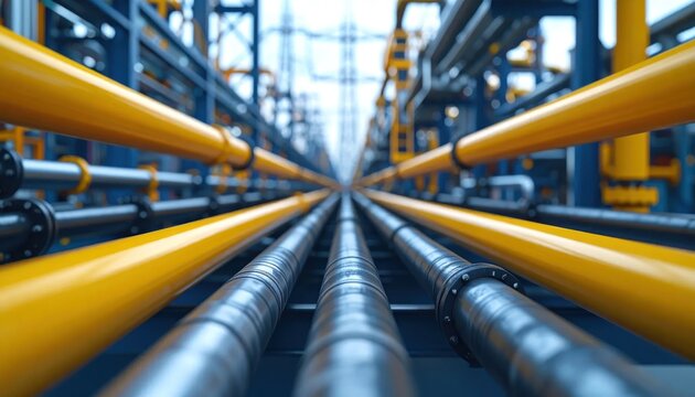 Yellow and Silver Industrial Pipelines Extending Through Modern Processing Facility