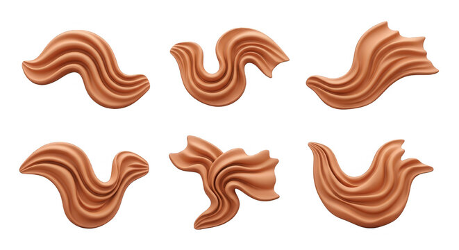 six separate digital renderings of flowing draped fabric pieces in a warm brown color design elements on a white backdrop