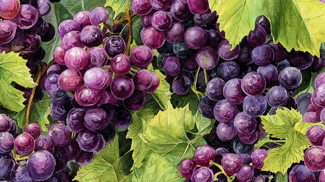 Watercolor illustration of grapes in full frame composition, dense overlapping grape clusters with deep purple and green tones and glossy fruit texture.