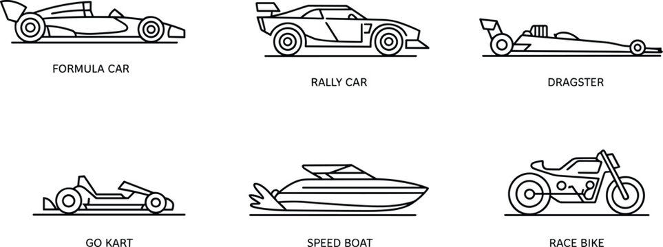 Vector illustration of motorsport racing vehicles icon set featuring formula car rally car dragster go kart speed boat and race bikeVector illustration of motorsport racing vehicles icon set feature.