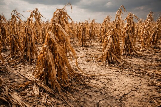 Withered cornstalks in a drought affected agricultural field