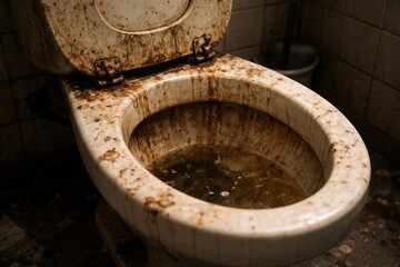 Fototapeta premium Zoomed perspective of a filthy toilet seat inside a dwelling