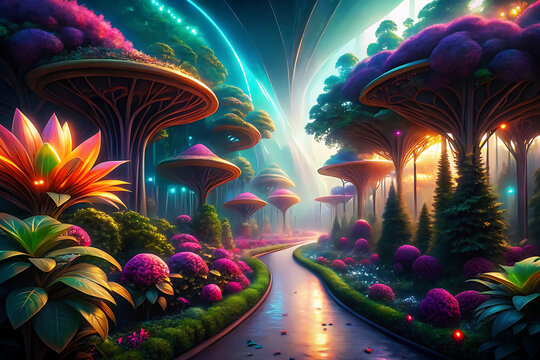 Vibrant alien forest with bioluminescent flora and futuristic mushroom trees fantasy vector illustration