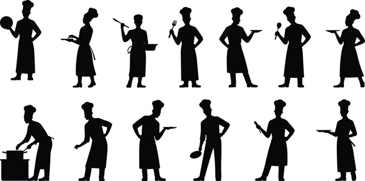 Vector illustration of professional chef silhouettes set holding kitchen tools cooking food pan 