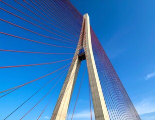 Obraz premium View of a modern bridge's support structure with vibrant red cables against a clear, azure sky. The concrete tower is prominent