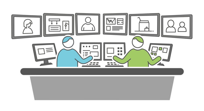 Security Operations Center SOC Illustration of Monitoring Team in Control Room with Multiple Data Screens and Surveillance Monitors