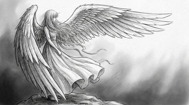 An angel stands on a rock with outstretched wings in a dramatic cloudy scene