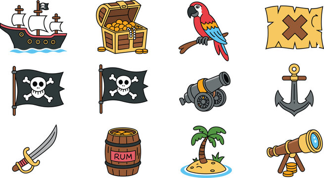 Vector illustration of pirate adventure icon set featuring ship treasure chest parrot map flag cannon anchor compass sword rum barrel and telescope