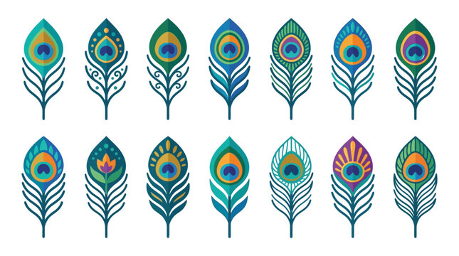 Vibrant peacock feather illustrations in various colors and patterns