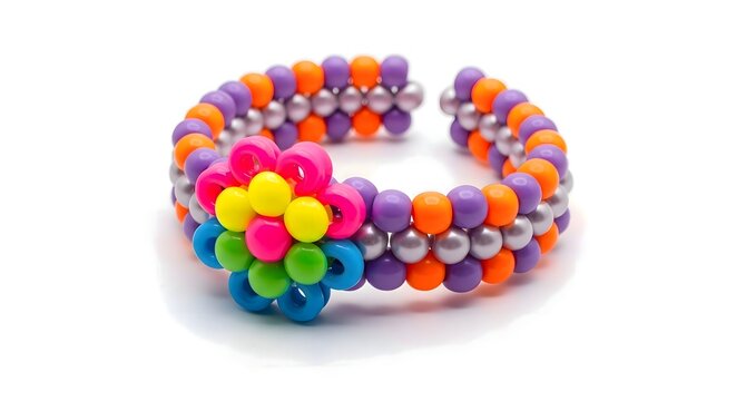 Multicolored Kandi bracelets made of plastic beads, isolated on a white background. AI generated.