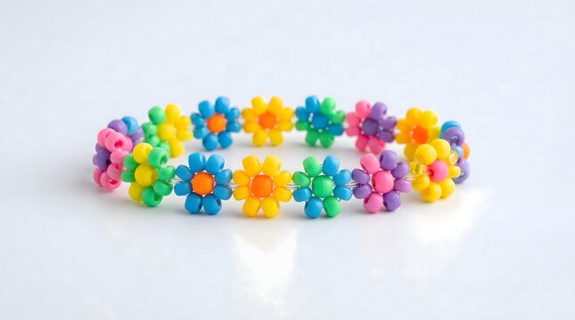 Multicolored Kandi bracelets made of plastic beads, isolated on a white background. AI generated.