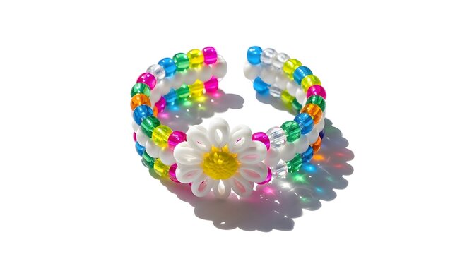 Multicolored Kandi bracelets made of plastic beads, isolated on a white background. AI generated.