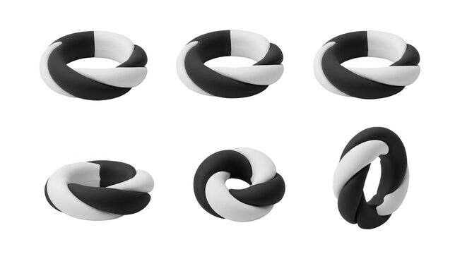 black and white clay shapes being rotated set on a white surface for abstract design concept usage