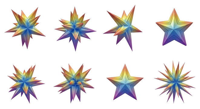 colorful 3d star shaped objects arrayed on white geometric diversity and artistic composition usable as background elements