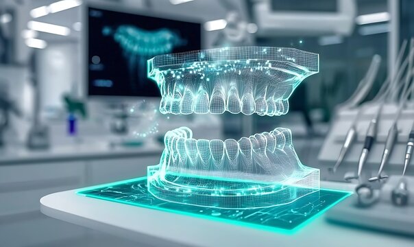 Digital hologram of human teeth and jaw on futuristic medical display.