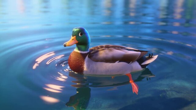 Colorful male mallard duck cartoon character paddling in a serene pond, creating gentle ripples on the water surface