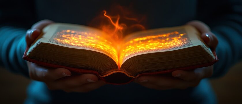 Glowing open book held in hands magic knowledge fantasy enlightenment
