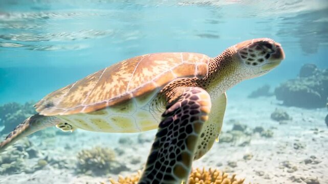 Majestic sea turtle gliding gracefully through crystal clear tropical ocean waters above a sandy bottom
