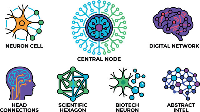 Set of Colorful Vector Neuron and Network Icons Featuring Brain Connections, Digital Networks, Central Node, Scientific Hexagon, Biotech Neurons, and Abstract Intelligence Designs for Technology and S