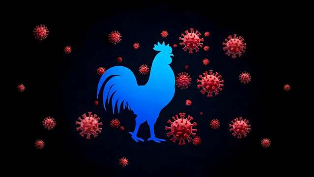 A blue rooster silhouette is surrounded by numerous red, spiky virus particles resembling the coronavirus or avian flu pathogen against a dark, black background.