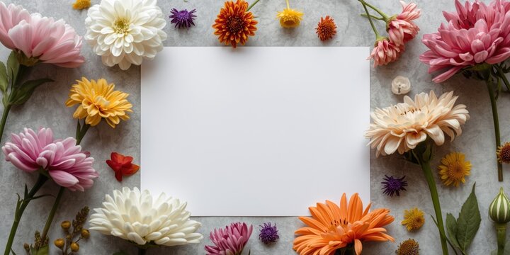 Blank greeting card with assorted fresh flowers arranged on flat surface
