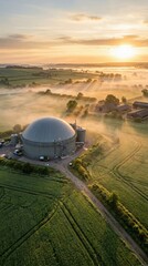 Obraz premium Golden sunlight breaks through the morning mist, illuminating a biogas plant nestled in lush fields.
