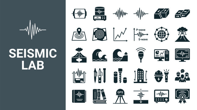 Set of professional seismic lab icons depicting geological research and earthquake monitoring equipment for scientific study