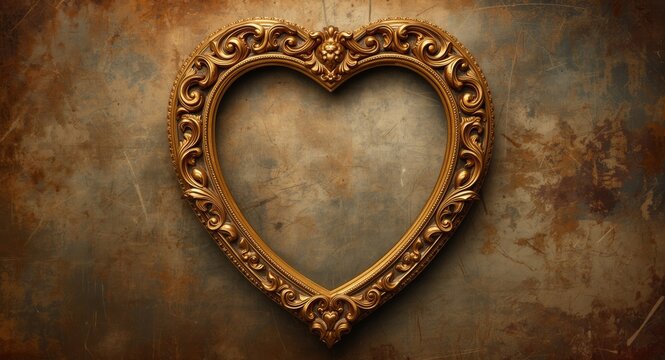 Antique heart shaped frame with elaborate gold decorations on vintage background