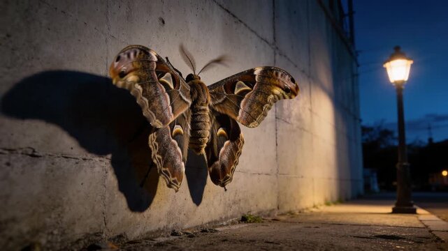 Large atlas moth resting on a concrete wall near a street lamp during blue hour