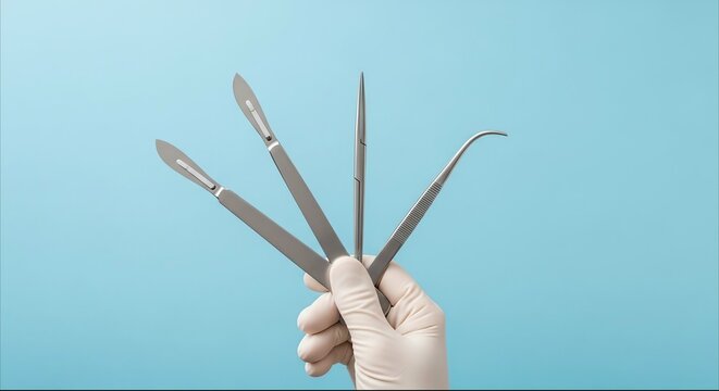 Gloved hand holding surgical instruments and metal scalpels over light blue background
