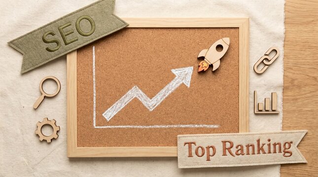 SEO top-ranking business concept with chalk graph on a wooden-framed board, rocket launch, and marketing icons in a flat lay on a fabric background