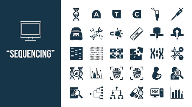 A comprehensive collection of professional science icons representing dna sequencing and genetic research laboratory testing procedures