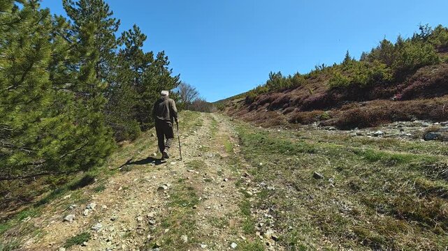 Lone hiker walks uphill on a rocky trail. Mount Goc, Ljukten peak. Balkans, Serbia