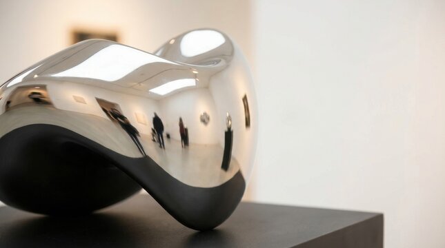 Polished Metal Sculpture with Reflected Gallery Viewers