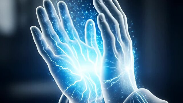 Praying hands of a man generating blue light electricity. Digital spirituality and techno-religion concept with energy flow visualization.