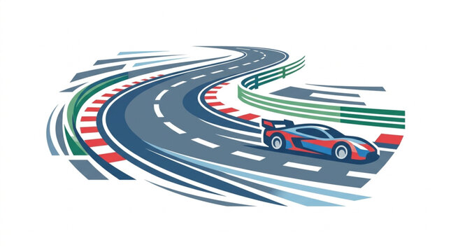 Racing car speeds around a winding race track with barriers.