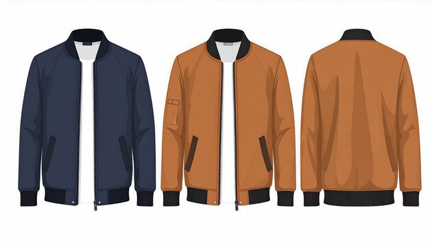 Men's bomber jackets in navy blue and brown, front and back views