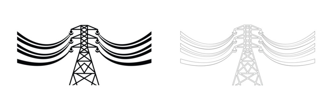Electricity pylon icon with power lines on white background in black and gray