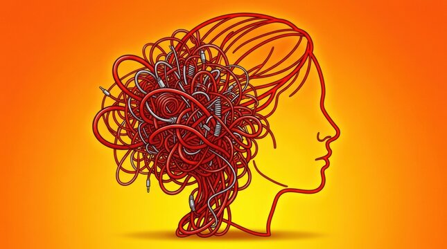 Complex mind concept woman's profile filled with tangled wires and cables