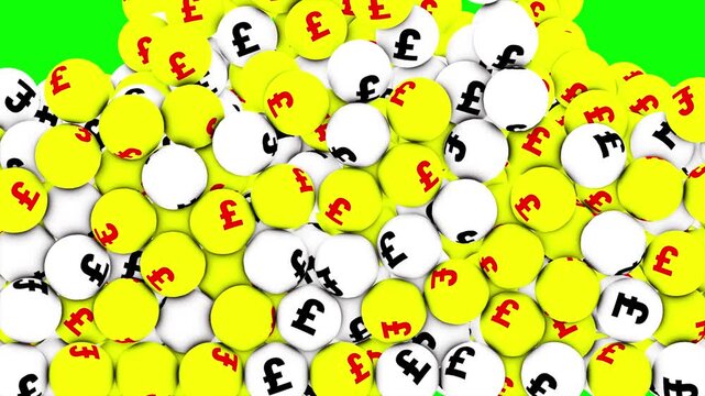 3D Render UK Pound Sterling Currency Symbol Balls Falling on Green Screen. Realistic 3D Spheres with Pound Sign (&pound;) Dropping and Piling Up Loop.