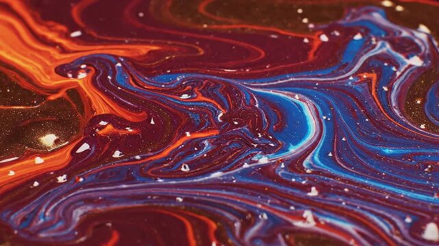 Colorful abstract fluid art with vibrant swirls of blue orange and red paint creating dynamic patterns