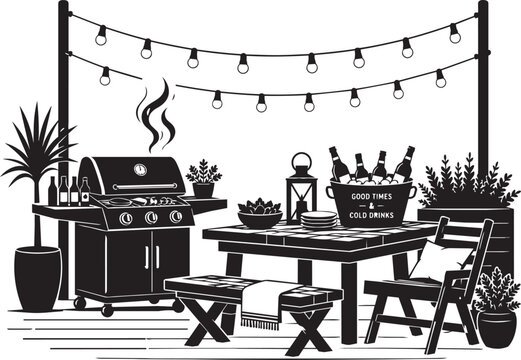 Backyard BBQ Picnic Table With Cooler Vector Illustration