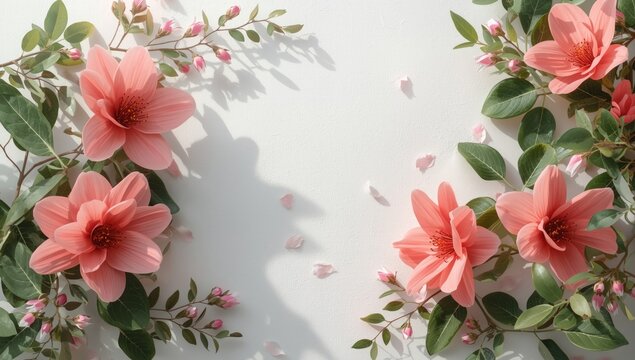 Bright Flowers and Lush Leaves Arrangement White Canvas Background, Soft Light