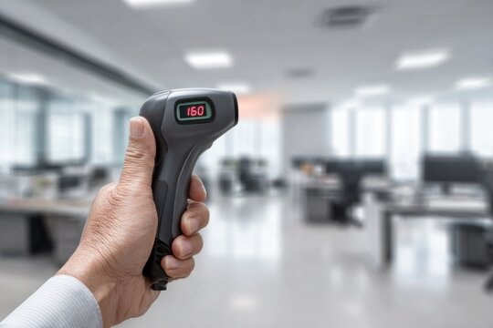 Hand holding thermometer checking temperature in office