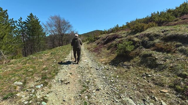 Man walks uphill on rocky trail. Mount Goc, Ljukten peak. Balkans, Serbia