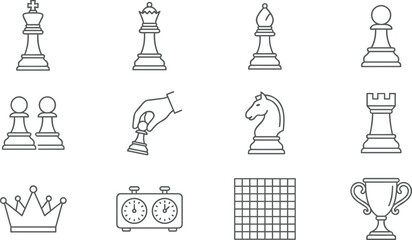 Chess Game Line Icon Set Featuring King, Queen, Knight, Rook, Bishop, Pawn Pieces, Tournament Timer Clock, Chessboard Grid, and Winner Trophy Vector © Alexy!